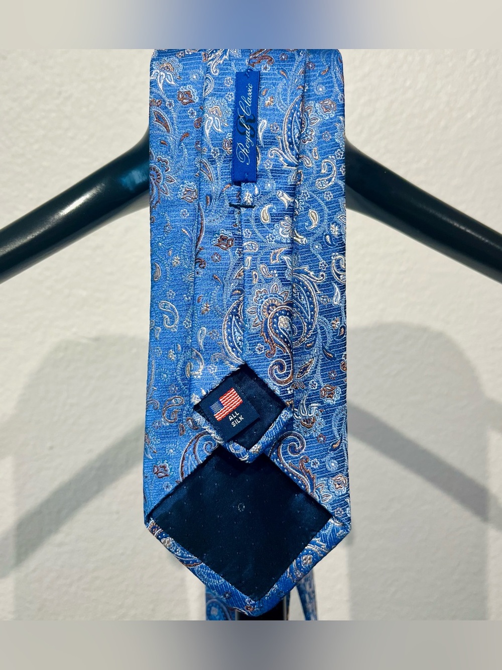 Vintage Royal Classic Blue Paisley 100% Silk Tie with Brown Accents - Picture 4 of 6